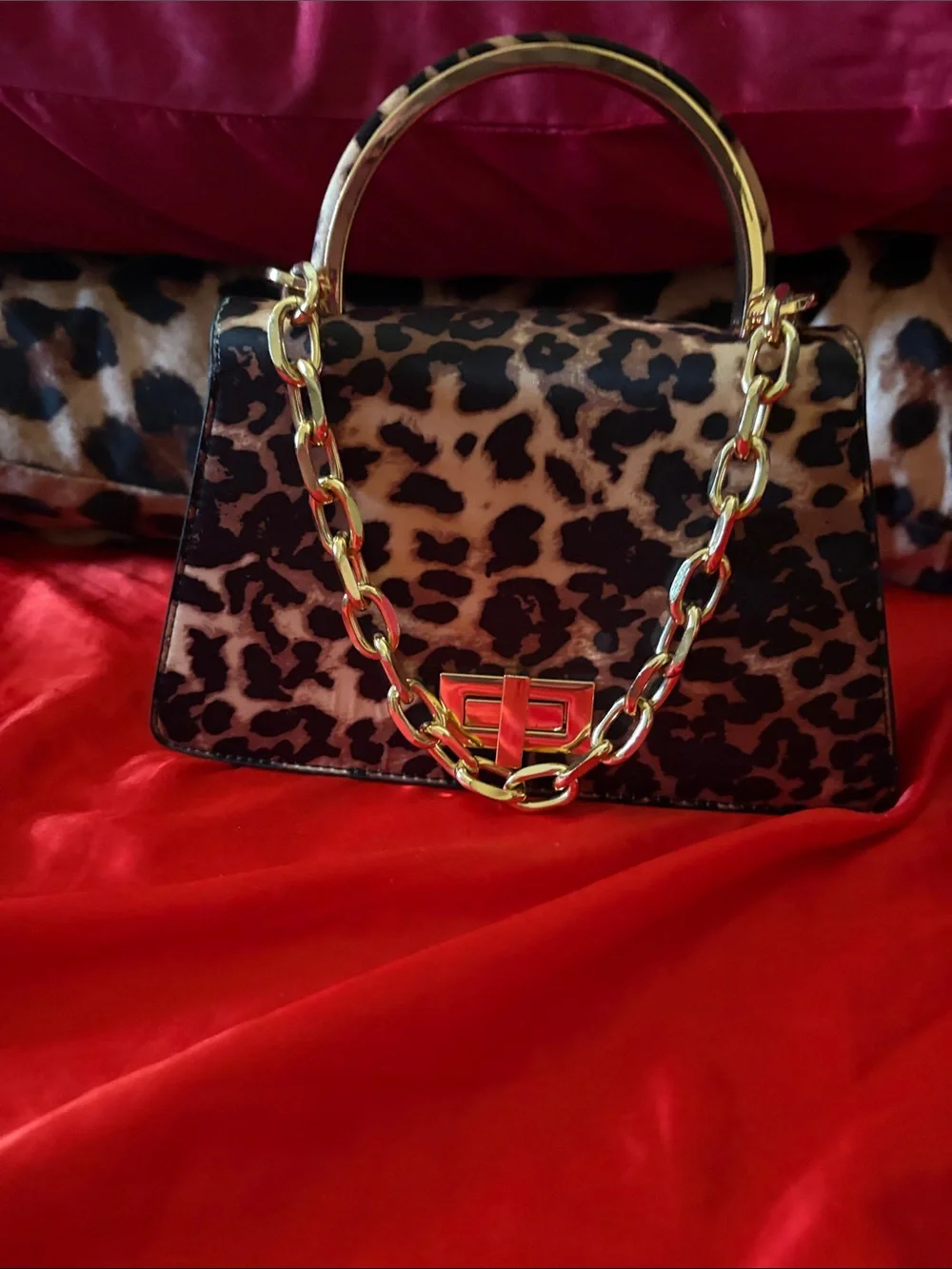 Leopard Print Top-Handle Women’s Crossbody Bag with Gold Chain